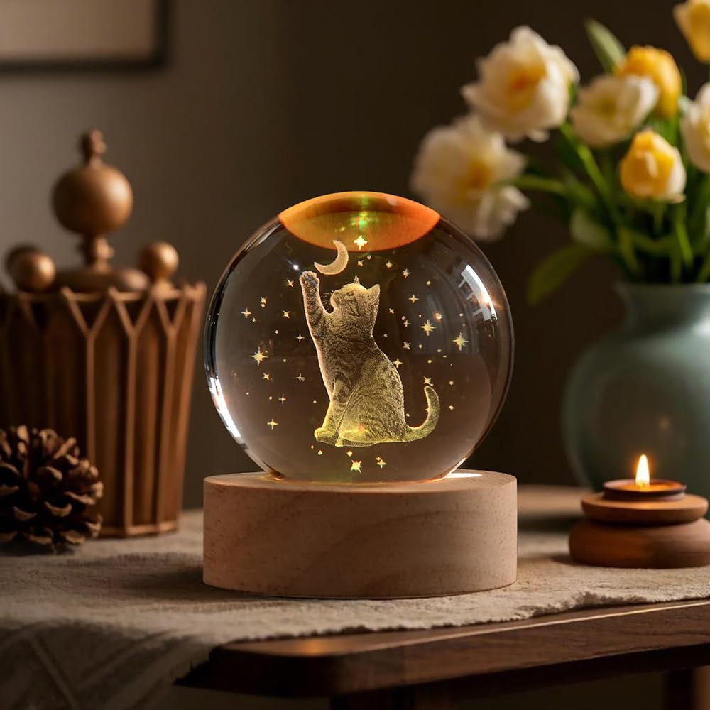 3D Fairy Crystal Ball 60mm Glass Fairy with Flower Night Light Gifts for Girl Women with Light Base