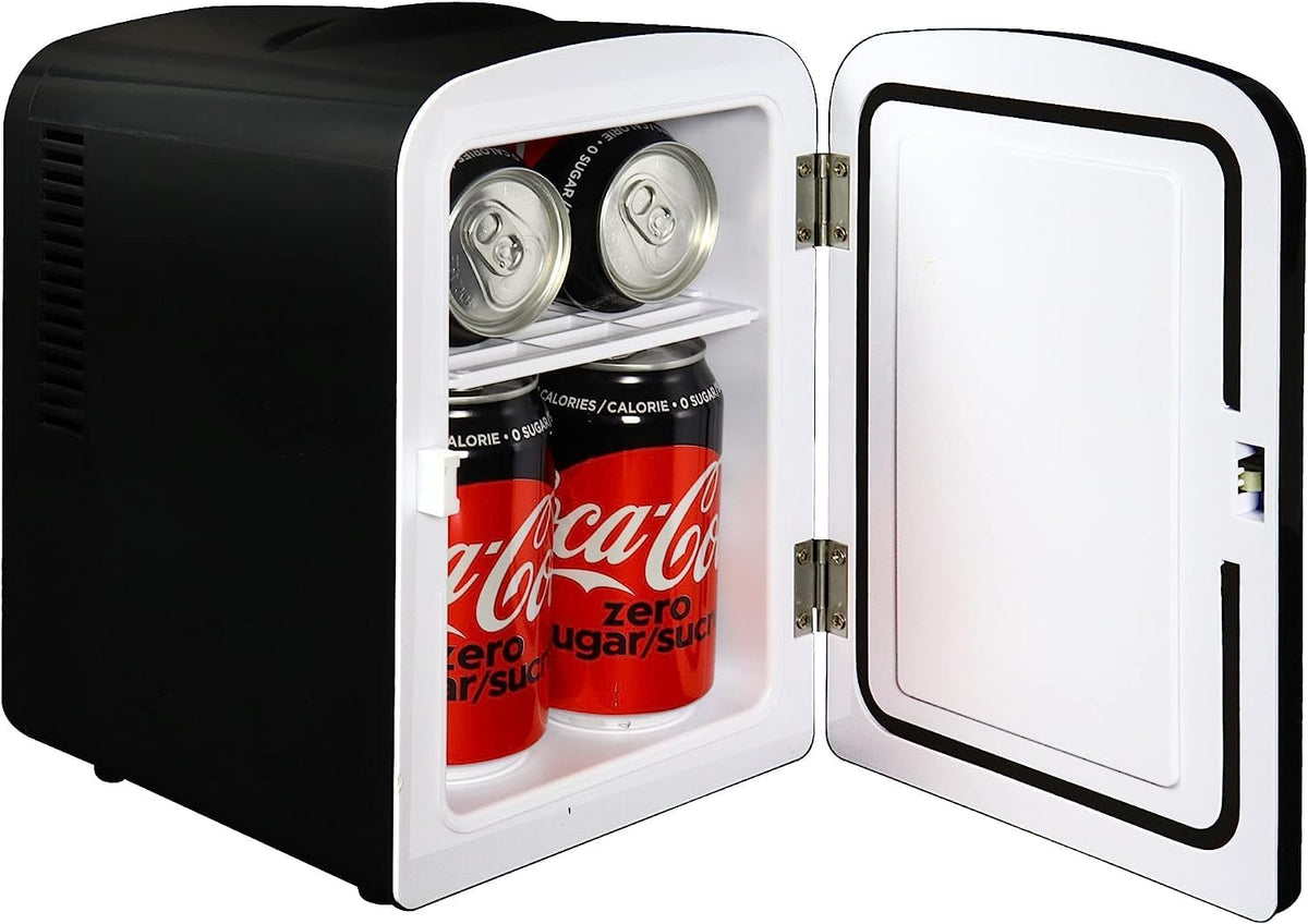 Coca Cola Coke Zero Mini Fridge For Bedrooms 4L Small 6 Can Table Top Quiet Mini Fridges For Skincare Office Food Drinks Kids Home Car & Travel 12V Portable Cooler Warmer Refrigerator (Black)