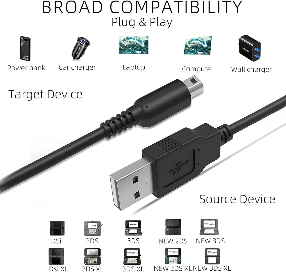 Nintendo DSi/DSi XL / 3DS / 3DS XL USB Power Charging/Charger Cable