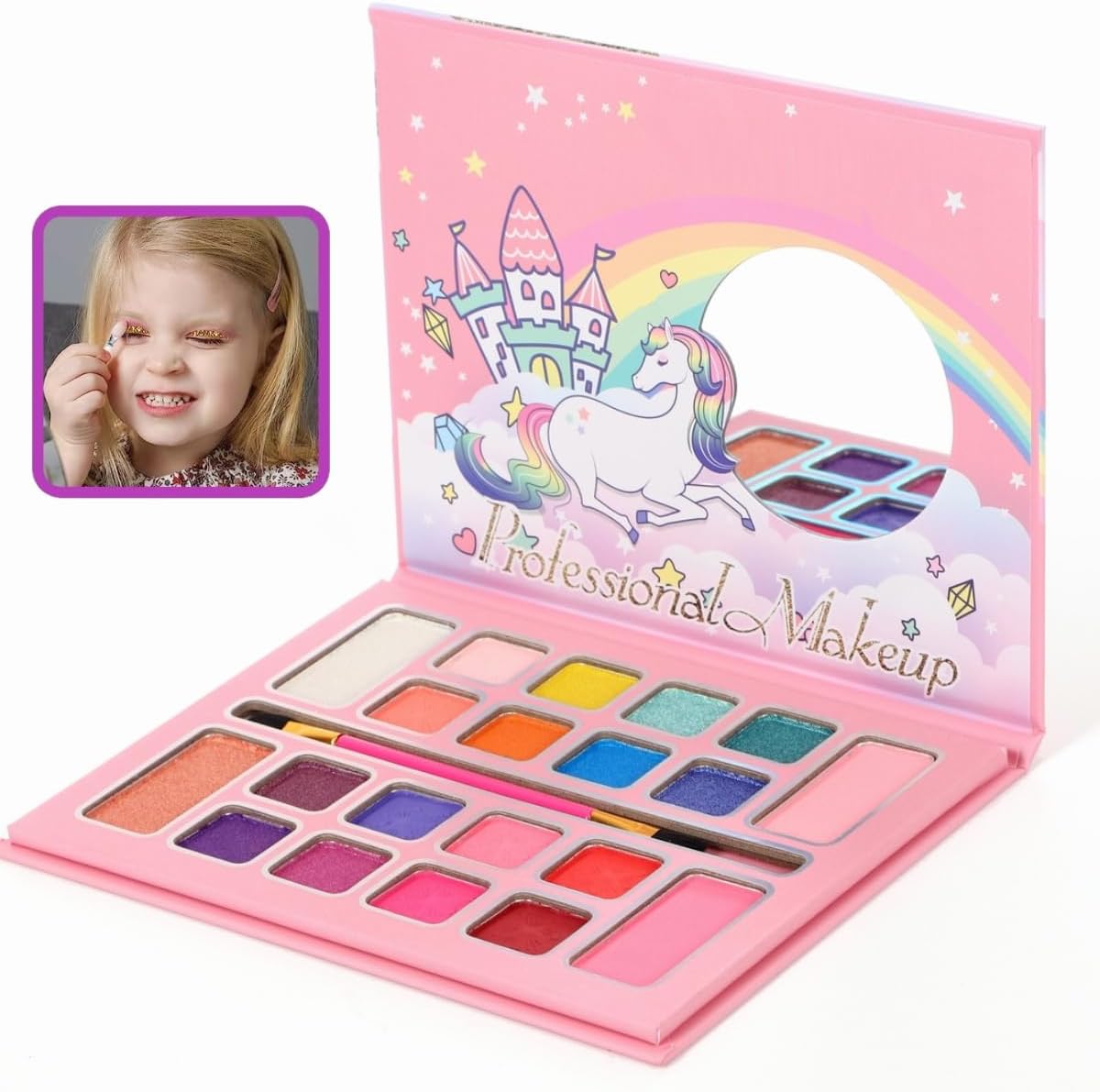 Girls Make-up Set, 20 Colours with brush, Children's eye shadow Blush Highlight, Kids Make-Up Palette children Make up Kit Safe & Washable, Best Girl Gifts