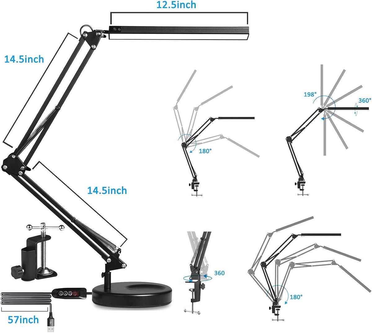 SKYLEO LED Desk Lamp with Clip and Base - Eye Protection Desk Lamps Black