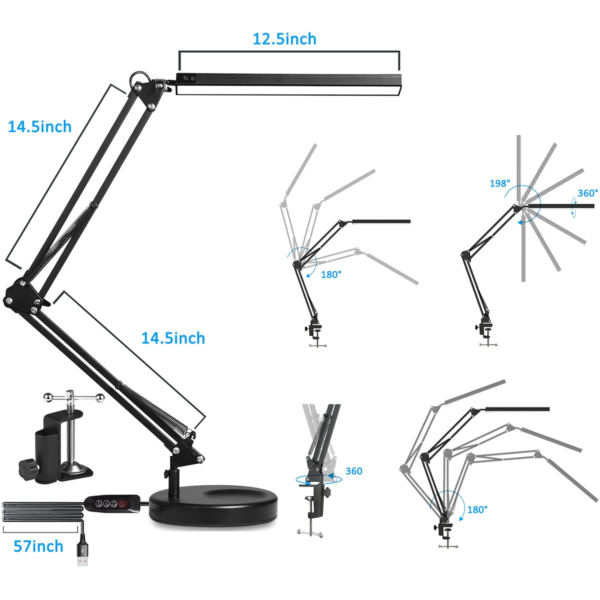SKYLEO LED Desk Lamp with Clip and Base - Eye Protection Desk Lamps Black