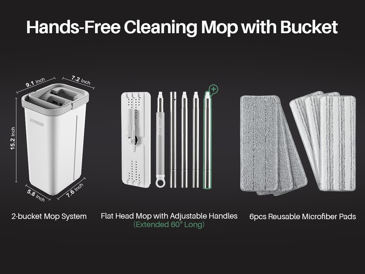 JOYMOOP Mop and Bucket with Wringer Set, Hands Free Flat Floor Mop and Bucket, with 3 Washable Microfiber Pads, Wet and Dry Use, Floor Cleaning System