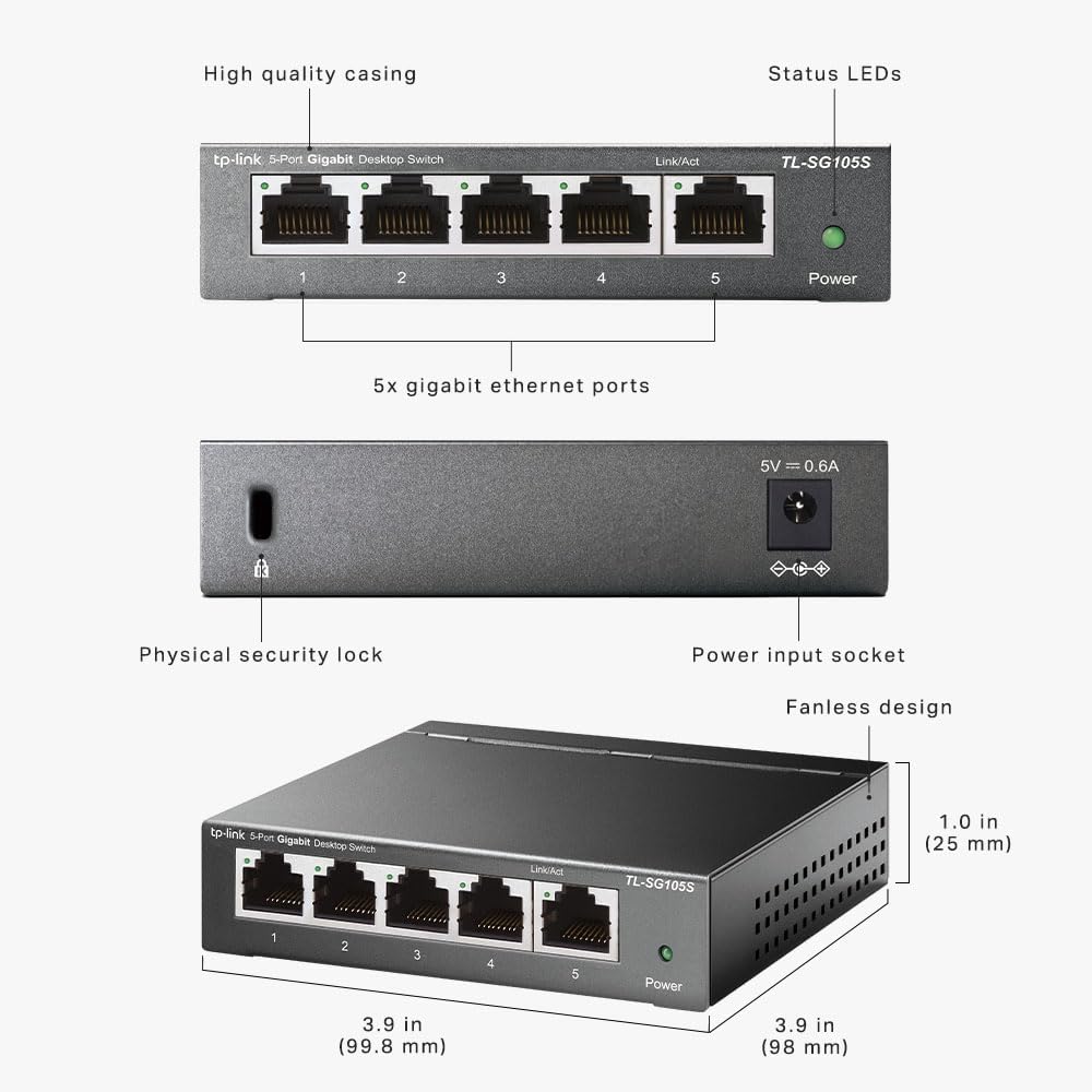 TP-Link TL-SG105S, 5 Port Gigabit Ethernet Network Switch, Ethernet Splitter, Hub, Desktop and Wall-Mounting, Sturdy Metal, Fanless, Plug and Play, Energy-Saving