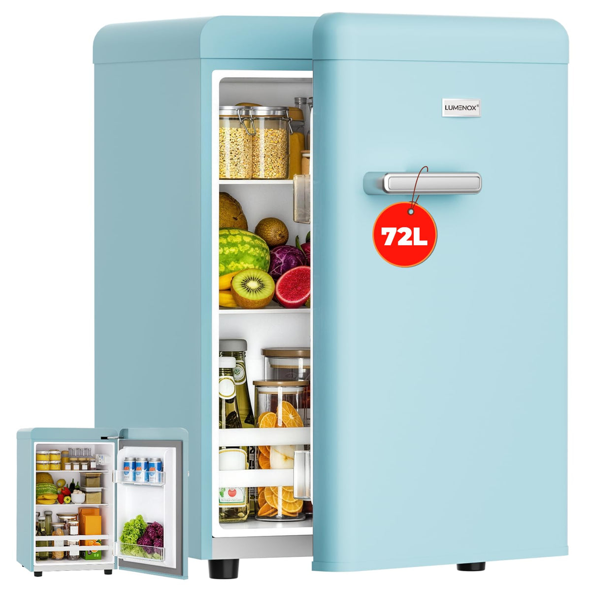 Retro Mini Fridge, 72L Compact Refrigerator, 43dB Quiet Operation, Adjustable 7-Temp Control, with LED Light, for Bedroom, Office, Kitchen & RV