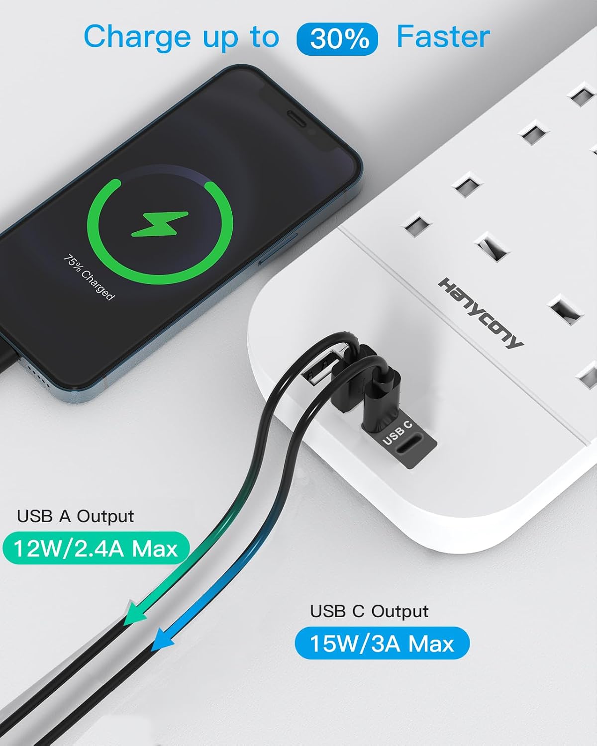 Extension Lead with 2 USB C Slots, 8 Way Power Strip Surge Protector