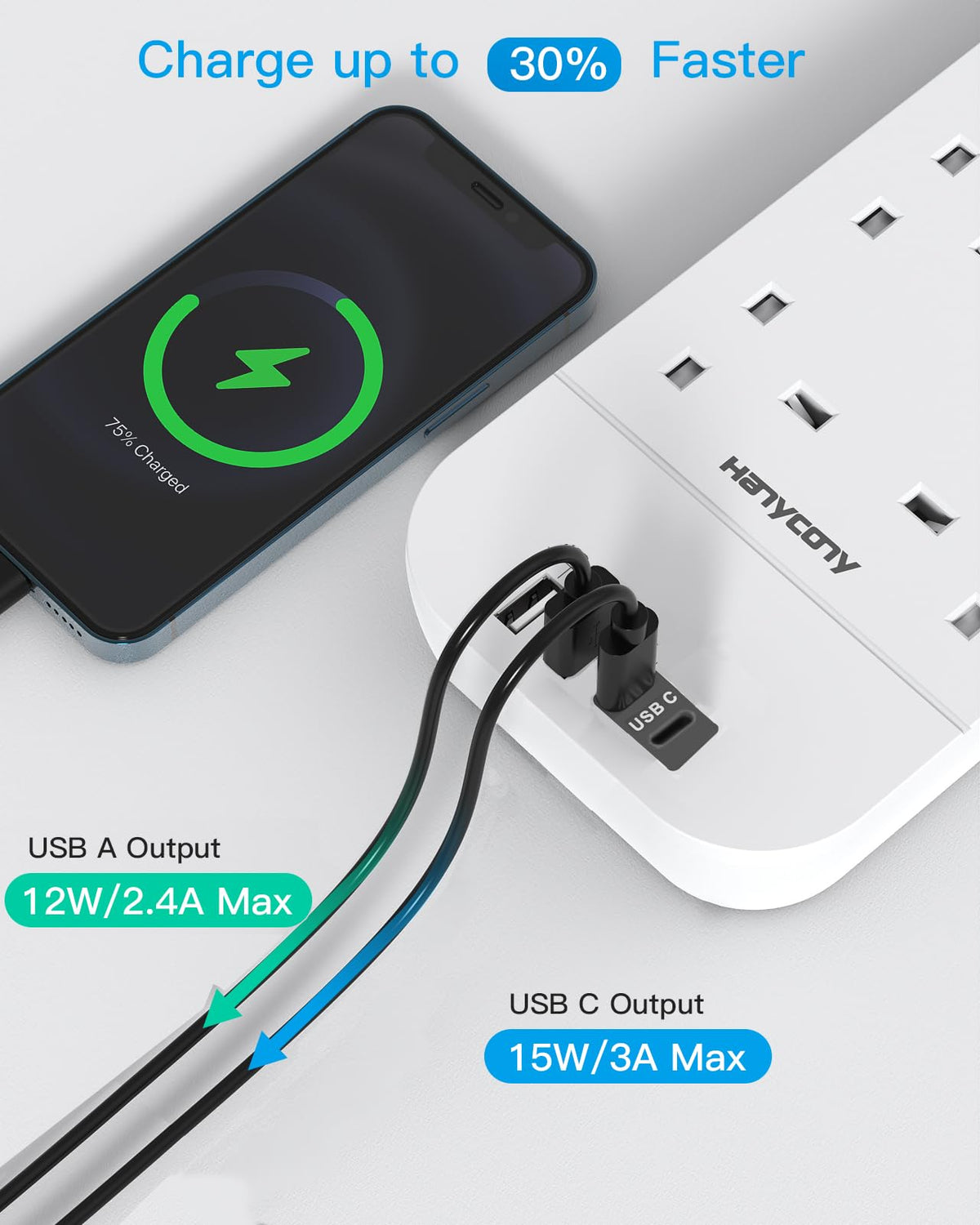 Extension Lead with 2 USB C Slots, 8 Way Power Strip Surge Protector