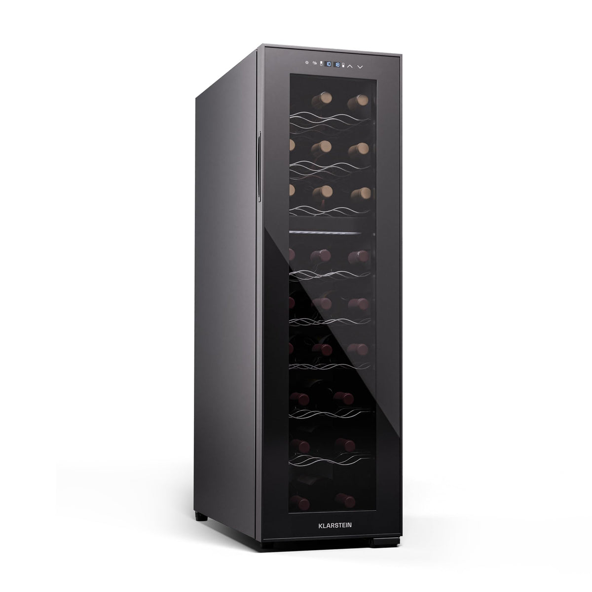 KLARSTEIN Shiraz Wine Cooler Black – 8 Bottles, 1 Zone | Freestanding Wine Fridge with Glass Door, Quiet, 5–18 °C, LED, Stainless Steel Frame