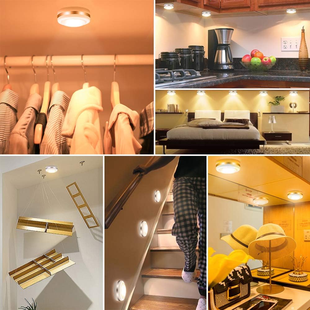 Under Cabinet Lights, Wireless LED Puck Lights Remote Control, 4000K Natural White Brightness Dimmable Battery Powered Touch Closet Cupboard Kitchen Wardrobe Lights, 6 Pack (White)
