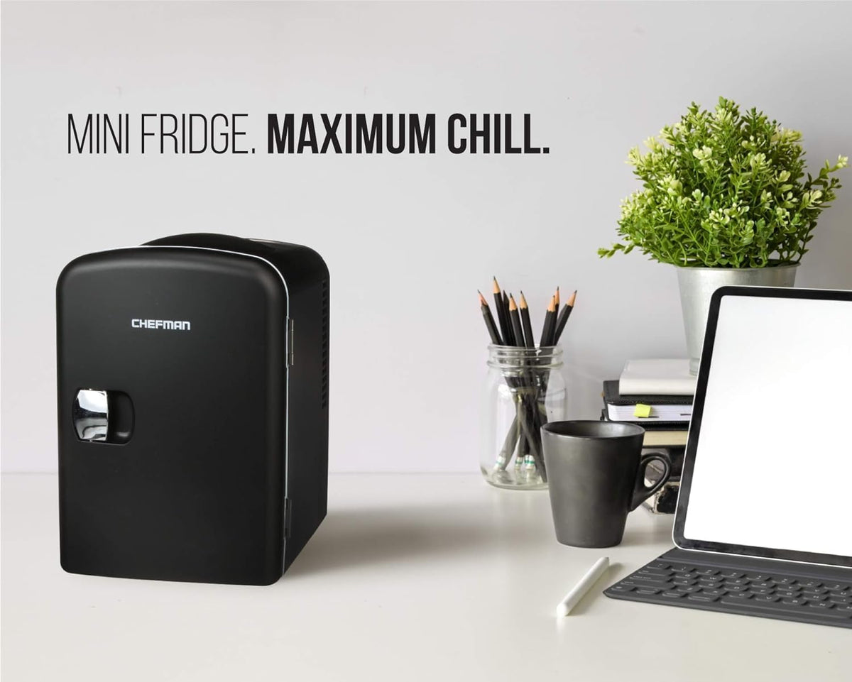 Iceman Mini Portable Eraser Personal Fridge, Cools & Heats, 4 Litre Capacity, Chills 6 12oz cans, 100% Freon-Free & Eco Friendly, Includes Plugs for Home Outlet & 12V Car Charger, Black