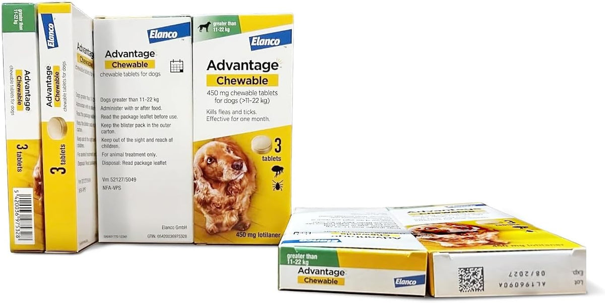 Advantage Chewable 450mg Chewable Tablets for Dogs >11 - 22kg (3 pack), Flea and Tick Treatment, Fast Acting Kills Fleas Within Hours, Prevention Lasts For A Month, Easy To Administer