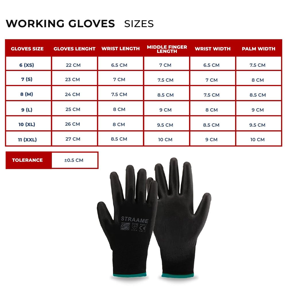 Straame Black Work Gloves, 12 Pairs, PU Coated Nylon, Non-Slip Grip, Size S