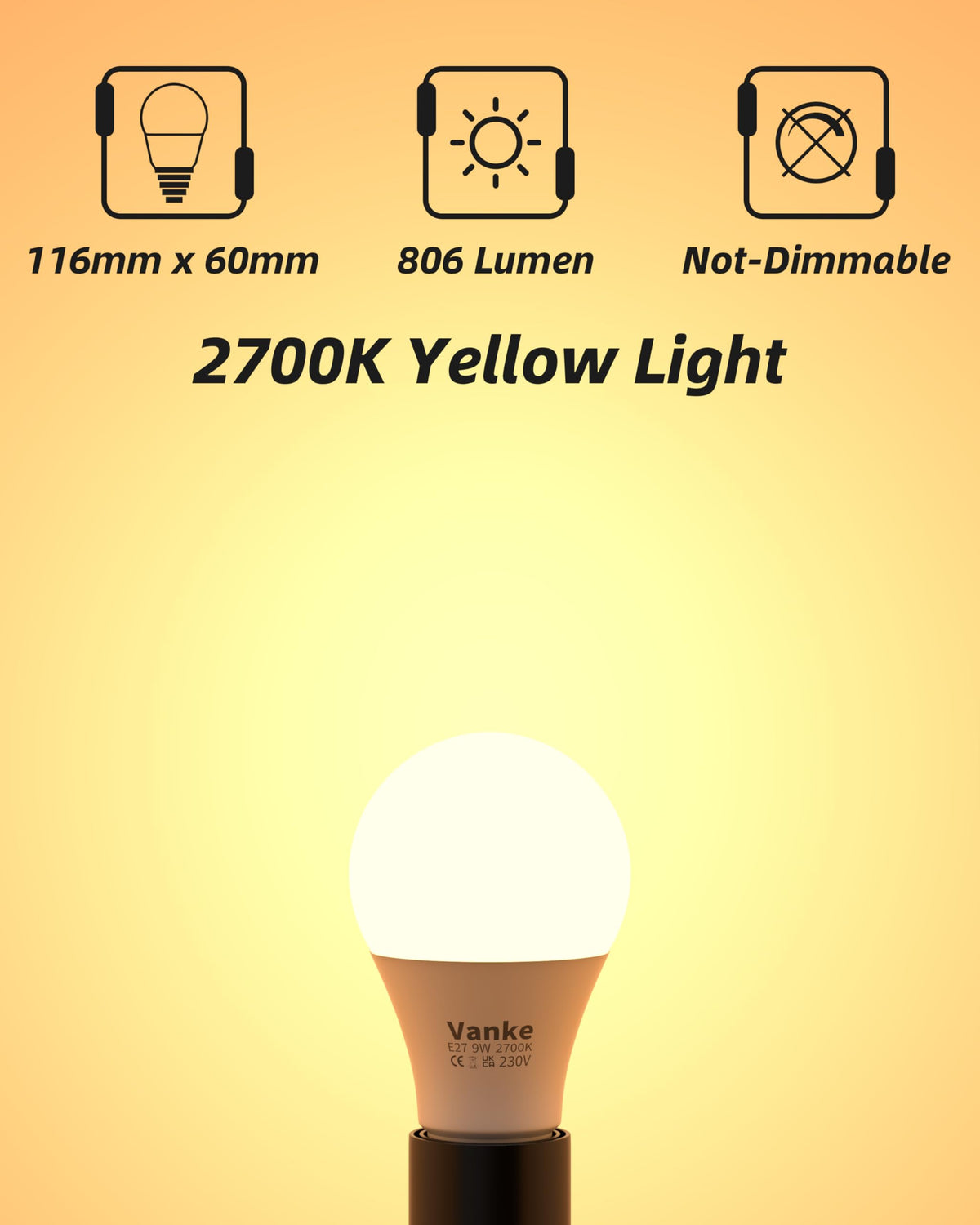 Vanke E27 Screw Bulb, 9W(60W Equivalent), Warm White 2700K, Pack of 3