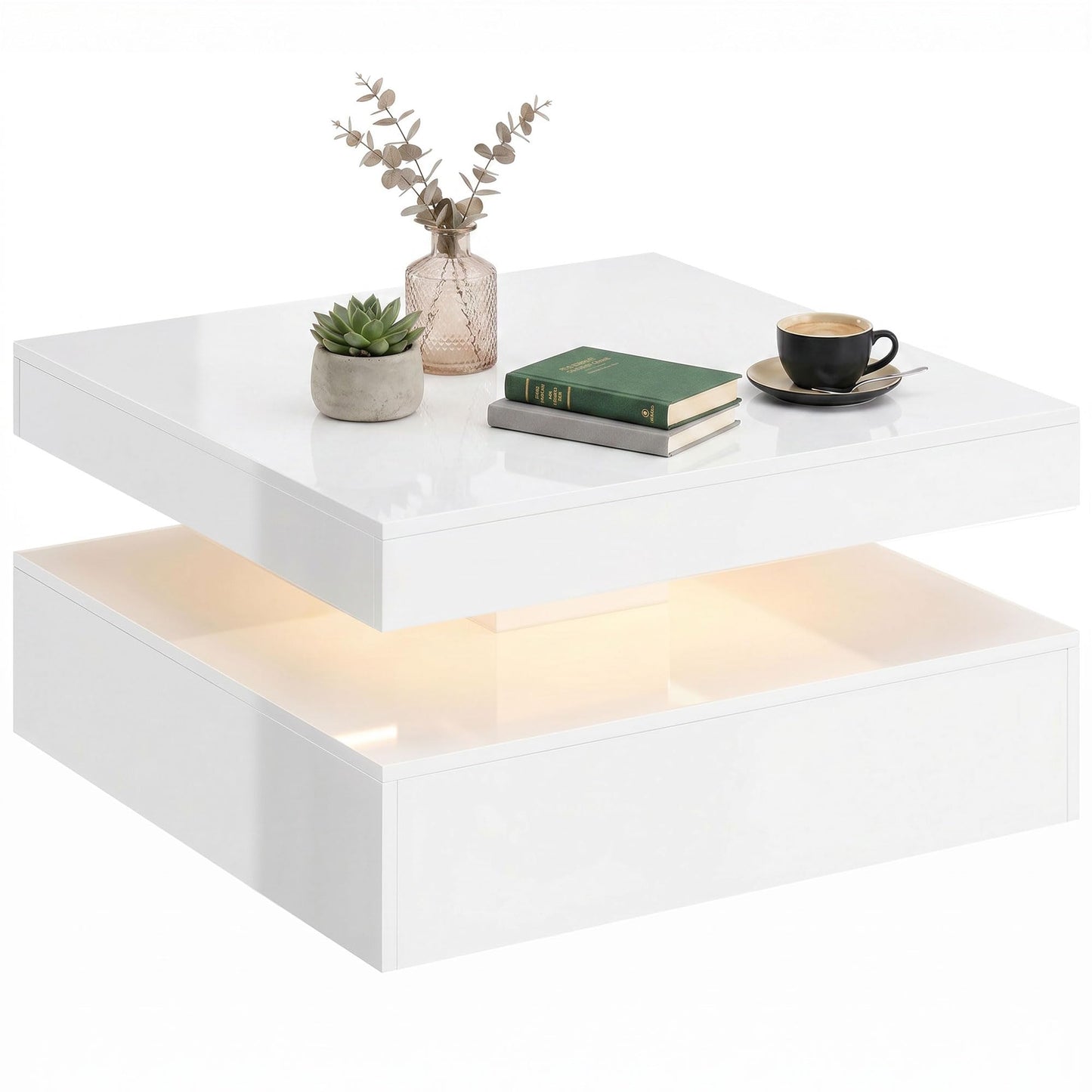 HOMCOM LED Coffee Table with Storage, 2-Tier Modern Centre Table with Open Shelf and Remote for Living Room, High Gloss White