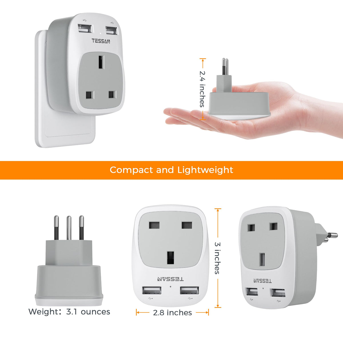 TESSAN UK to Italy Plug Adapter, Grounded Type L Travel Adaptor with USB C