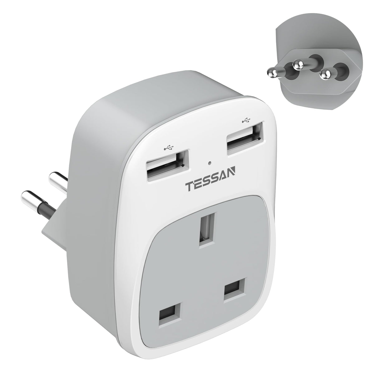 TESSAN UK to Italy Plug Adapter, Grounded Type L Travel Adaptor with USB C