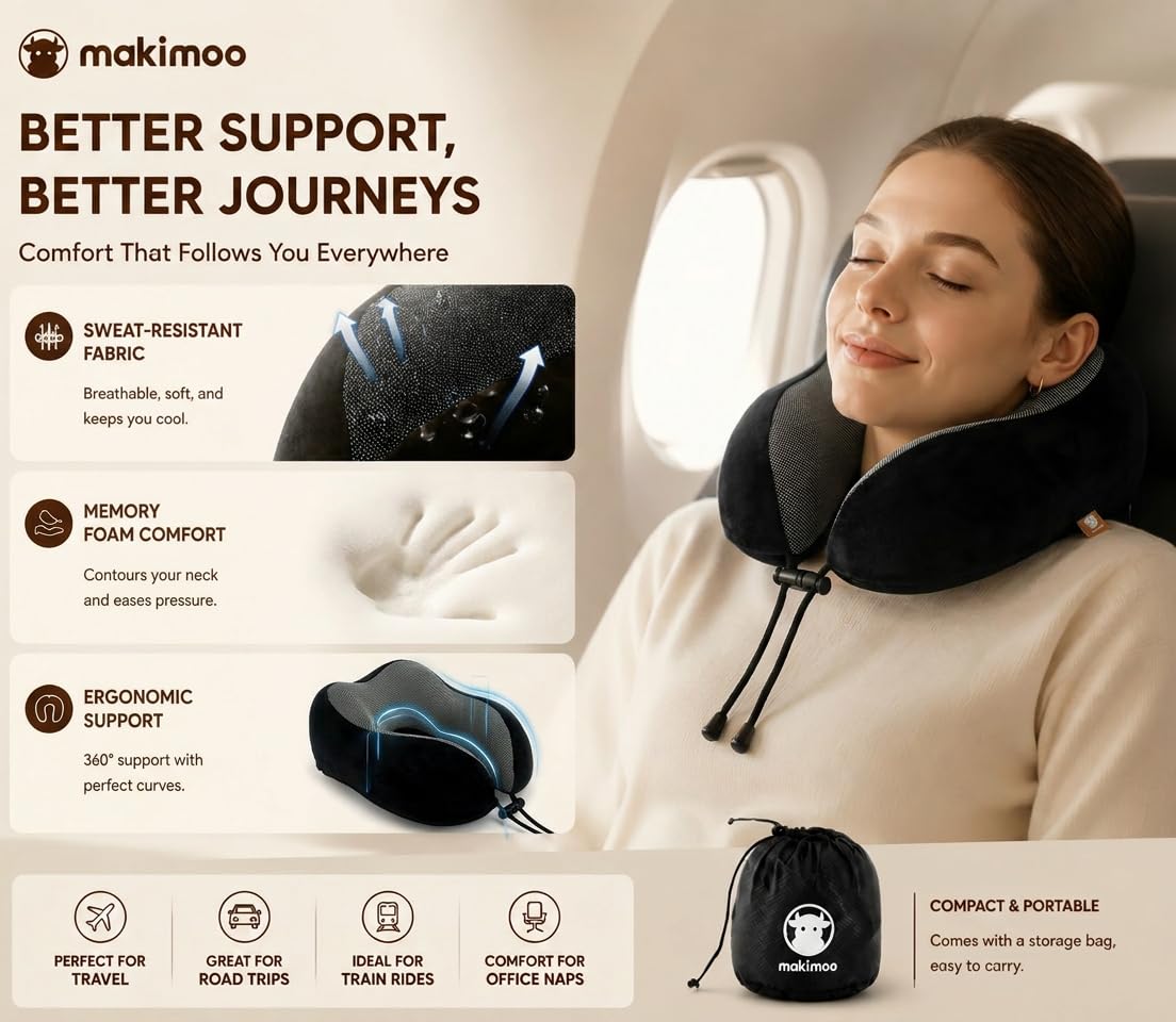 Memory Foam Travel Pillow, Neck Pillow with 360-Degree Head Support, Comfortable and Lightweight, Ideal for Sleeping on Airplane, Car, Train, Bus and Home Use, Comes with Storage Bag (Grey)
