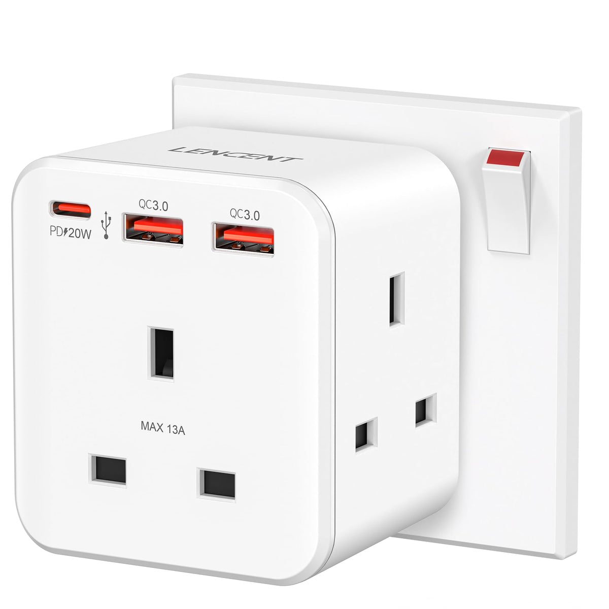 LENCENT Multi Plug Extension with 2 USB, 3 Way 3 Plugs Socket Adapter