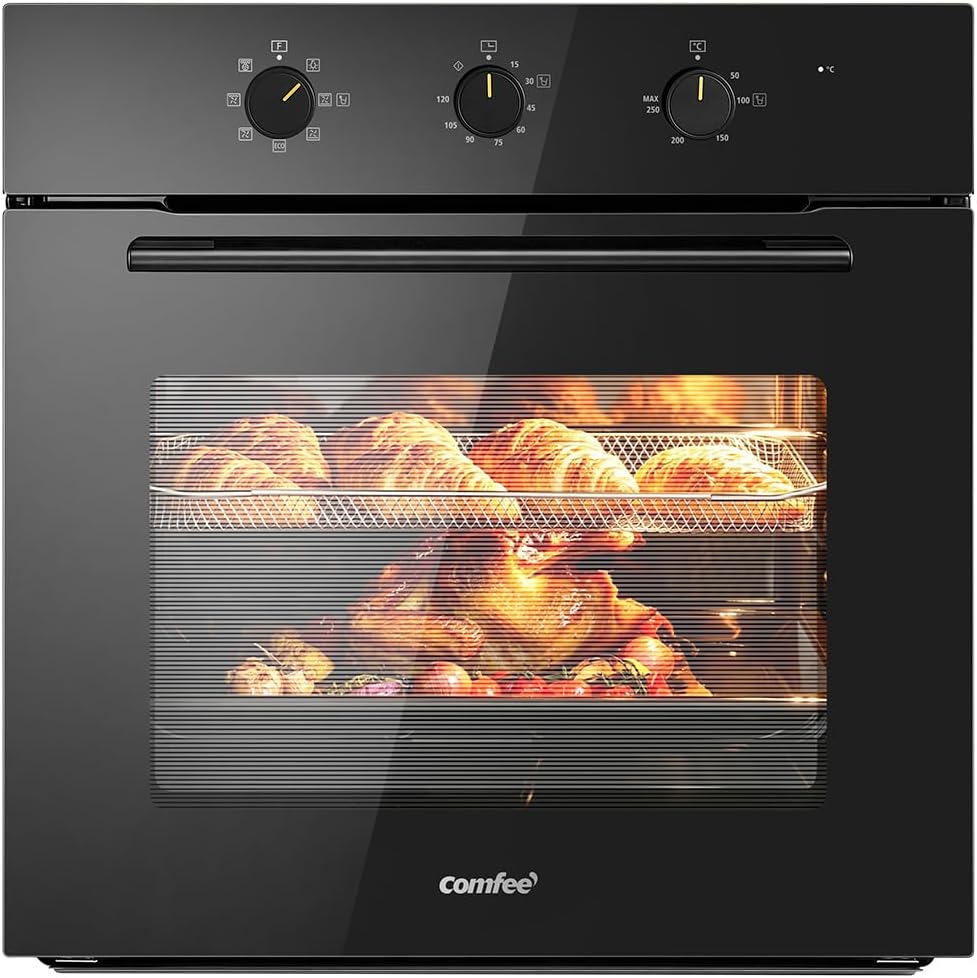 COMFEE' 60L, 60cm Wide, Single Electric Built-in Fan Oven, 8 Function with Air Fry, Multiphase Cooking and Easy Cleaning Removable Door, Color Black - CBO60M80M1-BK