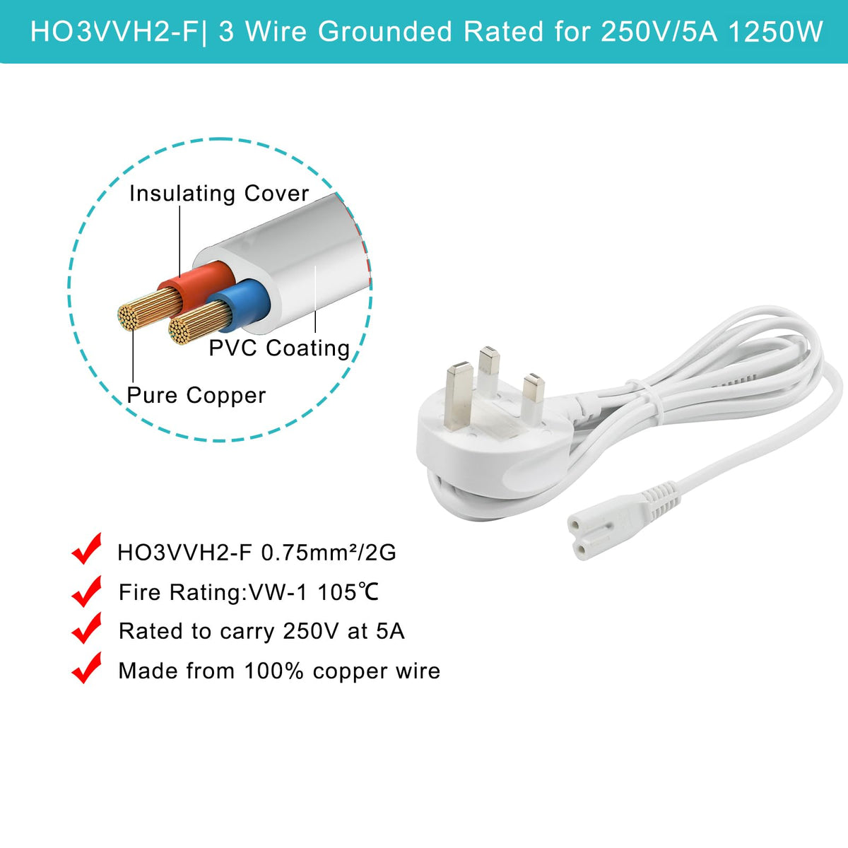 power 5M UK 3PIN Plug to IEC C7 Figure 8 Replacement Mains Cable Compatible with PS5, Xbox Series X, tv, Samsung, LG, Sony