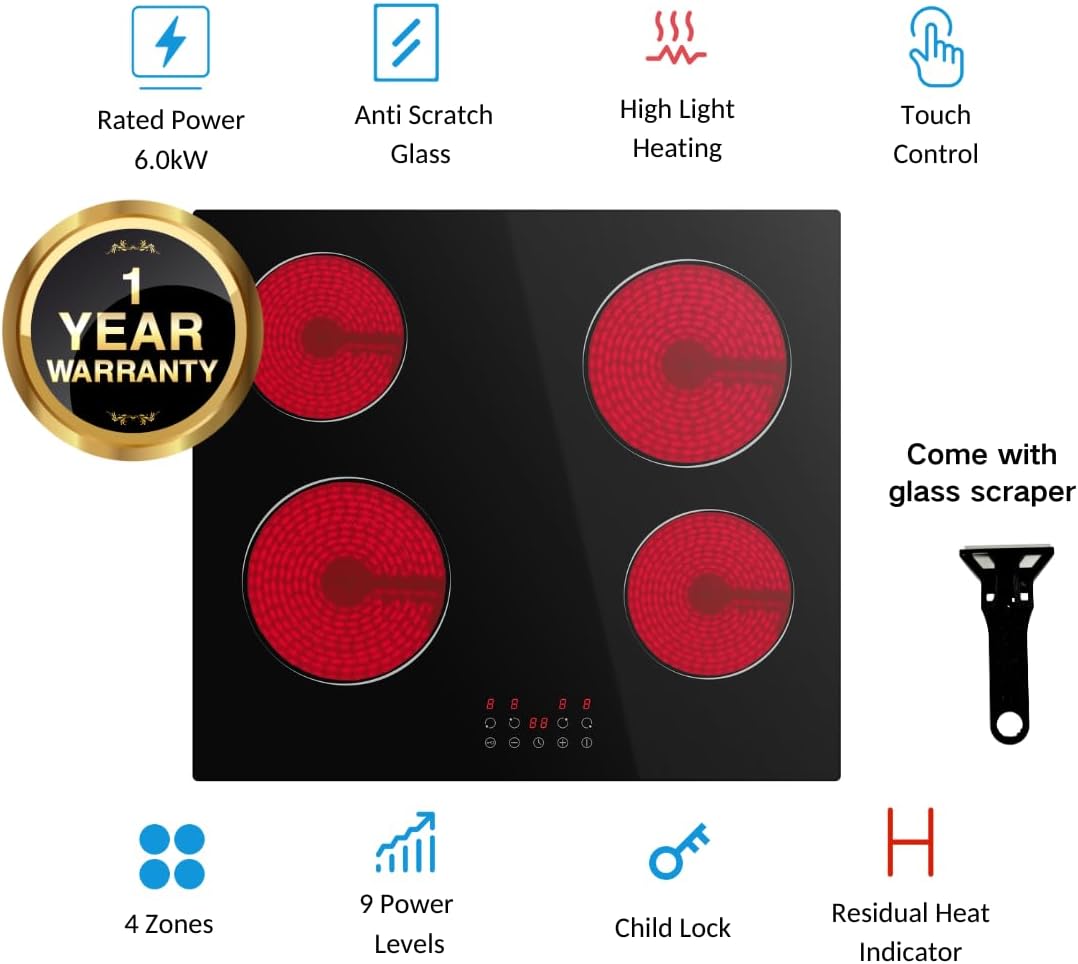 Built-in Ceramic Hob 4 Burners, STARCHARTS Electric Hob, 4 Zones Cooktops with Total Power 6000W, Timer, Child Lock, Black Glass