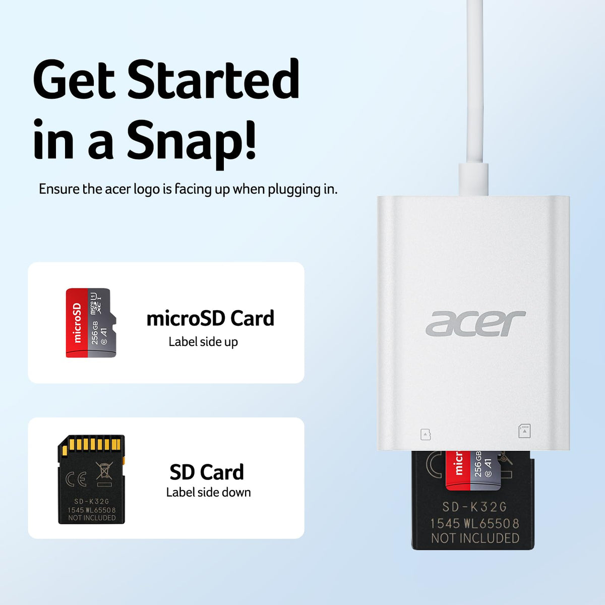 acer USB-C SD Card Reader 170MB/s, Type-C Micro SD Card Adapter Aluminium