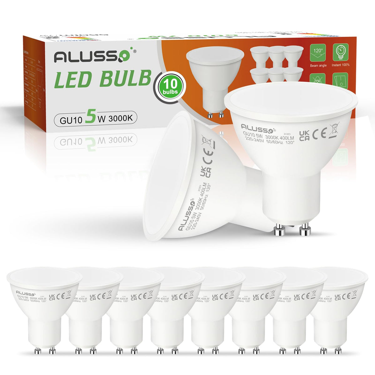 ALUSSO 5W GU10 LED Bulbs Warm White 3000K, 400LM Brightness Pack of 4