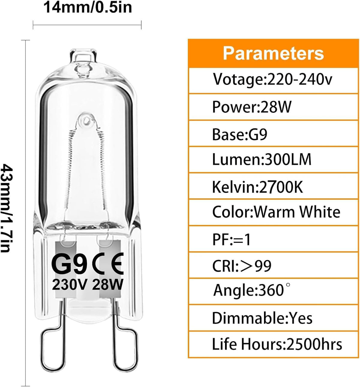 G9 Halogen Light Bulbs, 28W 2700K Warm White 230V Dimmable Capsule Bulbs, Non-Flicker - 12 Pack