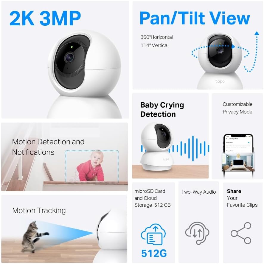 Tapo C210 2K 3MP Pan/Tilt Indoor Security Camera Pet Camera House Security