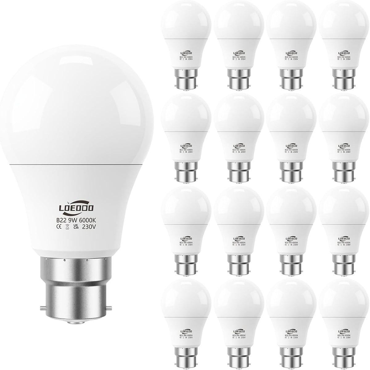 B22 Bayonet Light Bulb 9W=60W, 6000K Cool White, 806LM, Pack of 6
