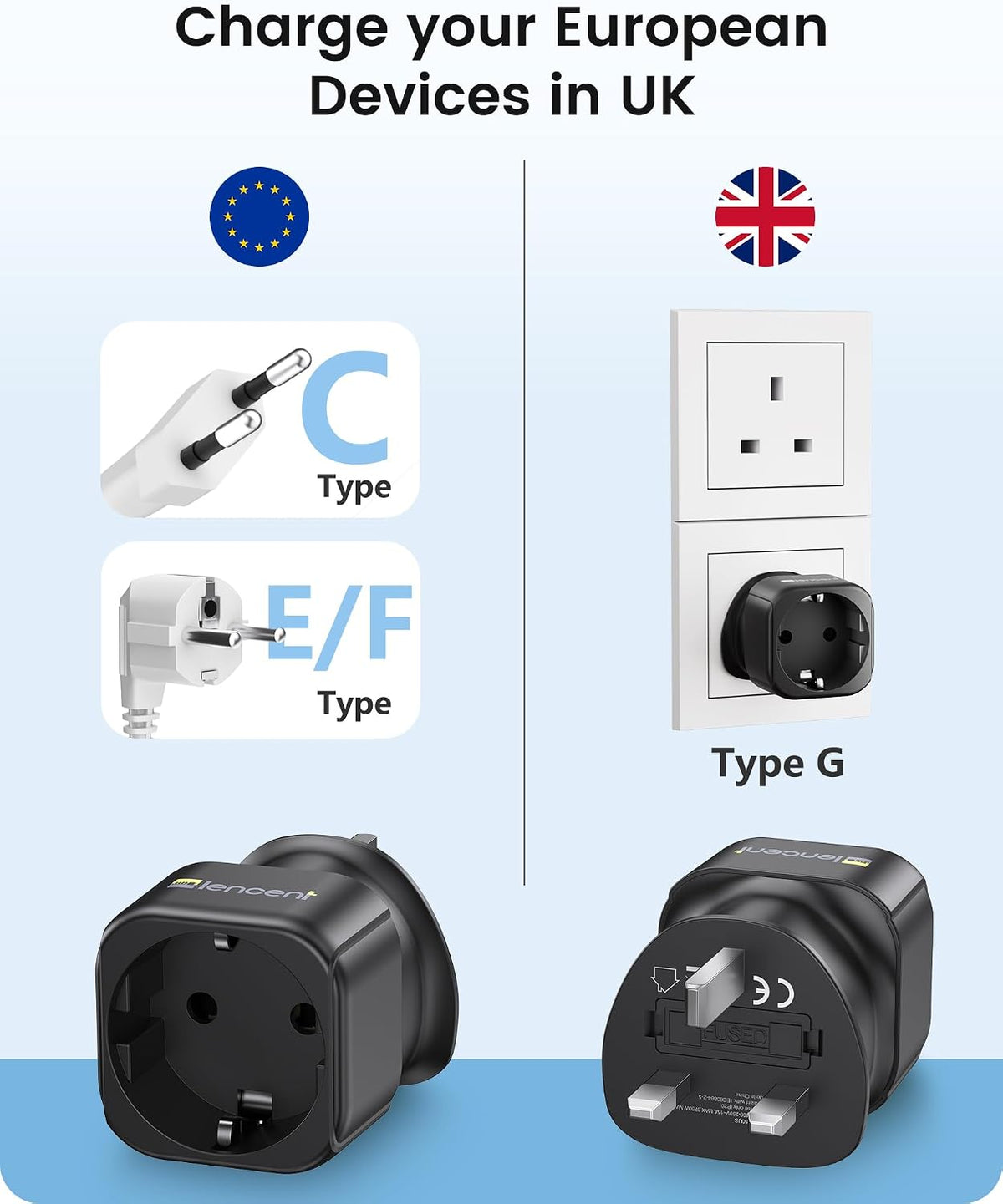 LENCENT 2 Pack EU to UK Plug Adapter,Black