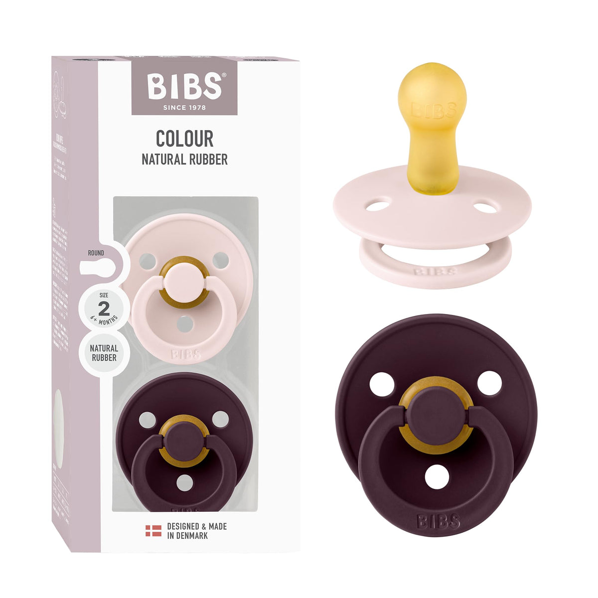 BIBS Colour Soother 2-Pack, BPA Free Dummy Pacifier, Round Nipple. Natural Rubber Latex, Made in Denmark, Size 2 (6-18 Months), Baby Blue