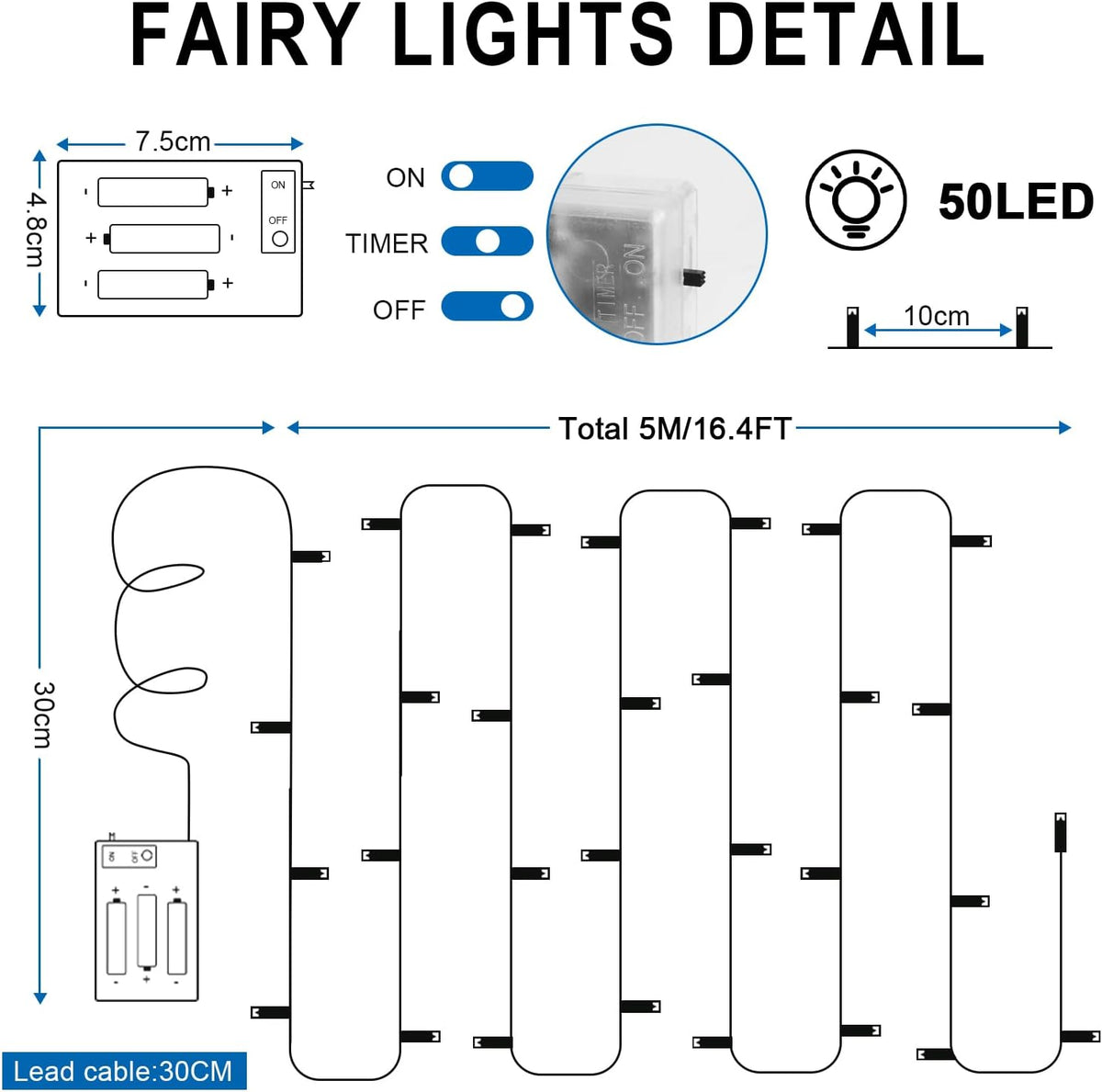 cshare LED Fairy Lights, 5M/16.4Ft 50LEDs with Timer (6 Hours ON | 18 Hours Off) is Battery Operated for Room,Patio,Halloween,Christmas,Indoor/Outdoor Decoration| Cool White