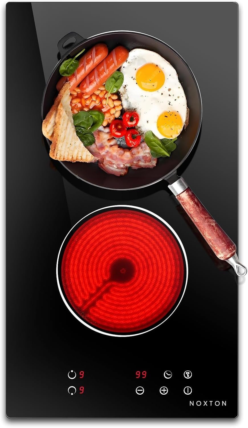 Noxton 2 Zone Ceramic Hob 30cm Electric Hob with Timer, Safe Lock, Pause Coutertop Use Hob with 13AMP Plug 2800W