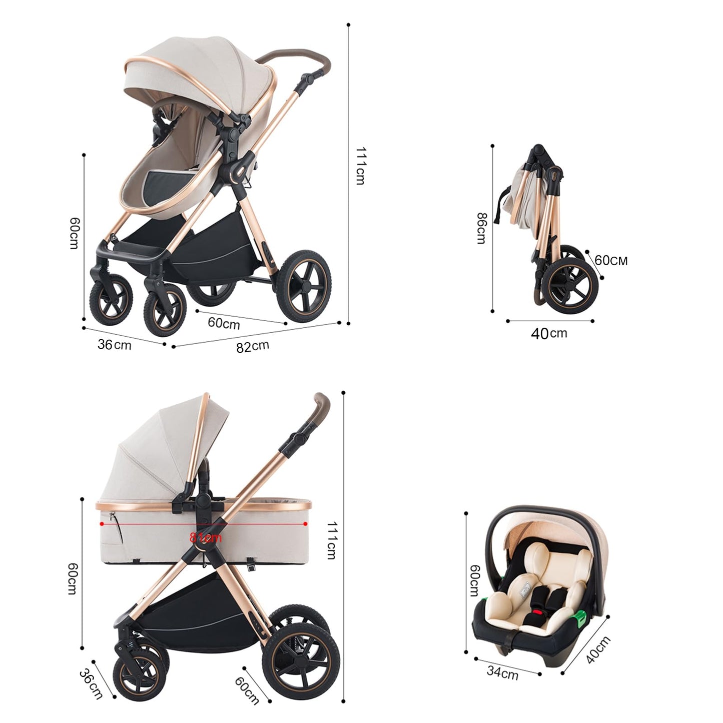 Stroller 3 in 1 Travel System Aluminium Frame High Landscape Combined Strollers Lightweight Folding Pram for Newborns Toddlers 0-36 Months from Birth Aluminium Pushchair (D2/Pink, H2-D)