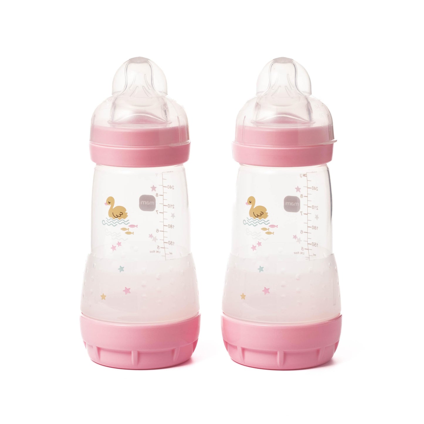 MAM Easy Start Anti-Colic Baby Bottles | 4 Pack (4X 260ml) | Self-Sterilising Baby Milk Bottle | Medium Flow MAM Teats Size 2 + 1x Fast Flow Teat Size 3 | Powder Blue (Various Designs)
