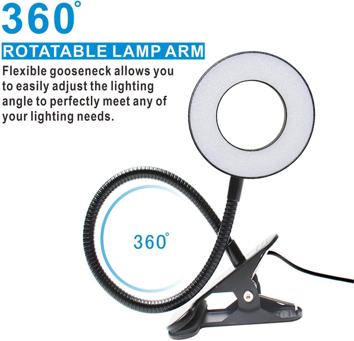 KNAMKY USB LED Desk Lamp Clip On Light, 3 Light Mode 10 Dimmable Brightness Eye Caring Book Adjustable for Reading Studying Working Video Conference Lighting (Black)