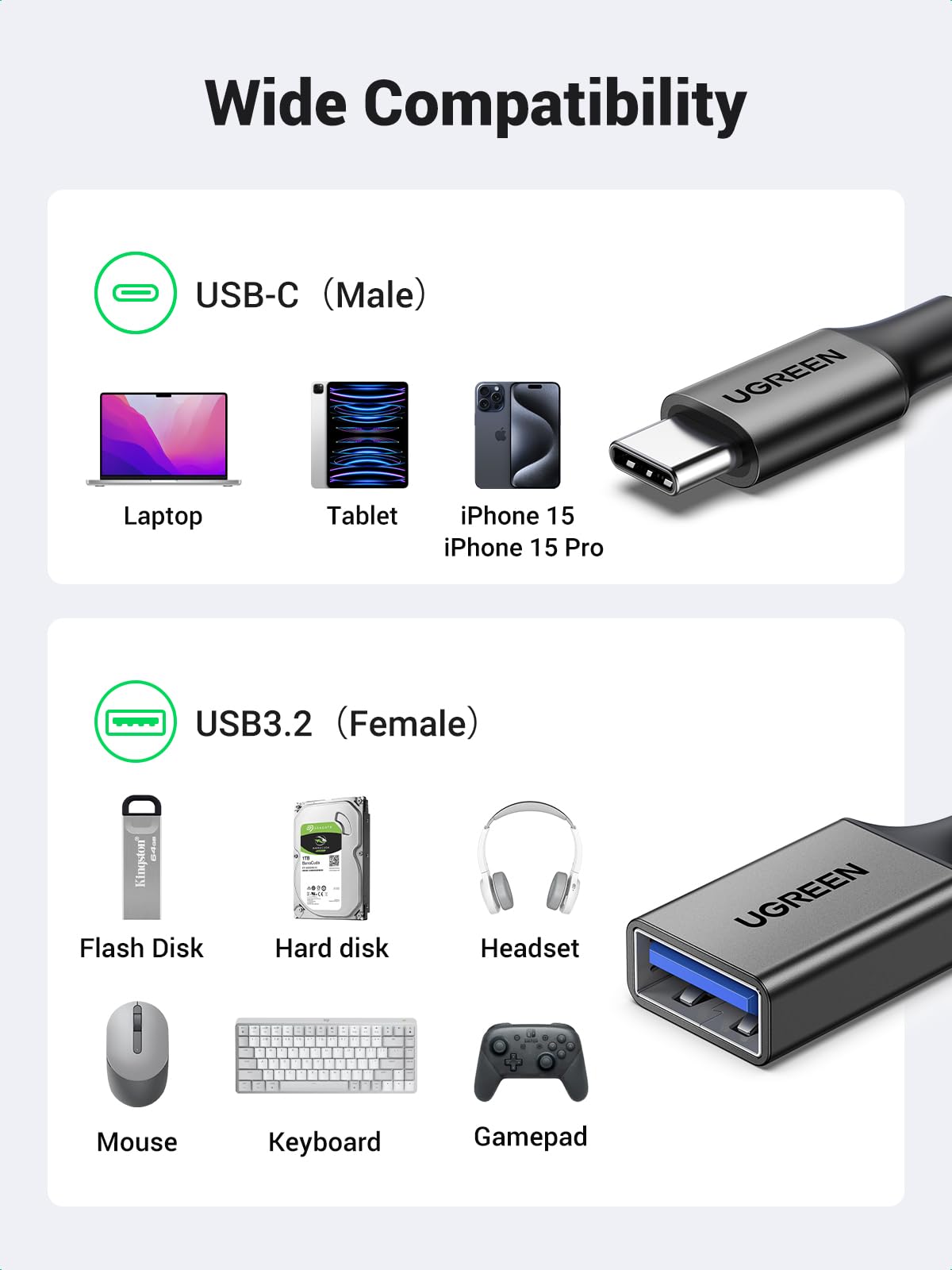 UGREEN 10Gbps USB C to USB Adaptor for iPhone, iPad, MacBook, Galaxy Grey