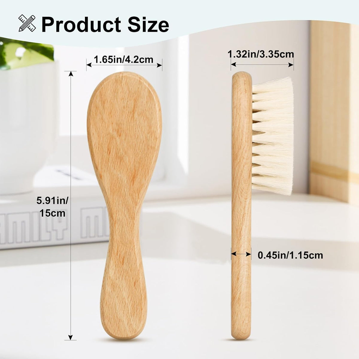 3PCS Baby Hair Brush with Wooden Handle and Comb Set for Newborns & Toddlers | Natural Soft Goat Bristles l Wood Comb l Green Cradle Cap Brush | Ideal for Cradle Cap