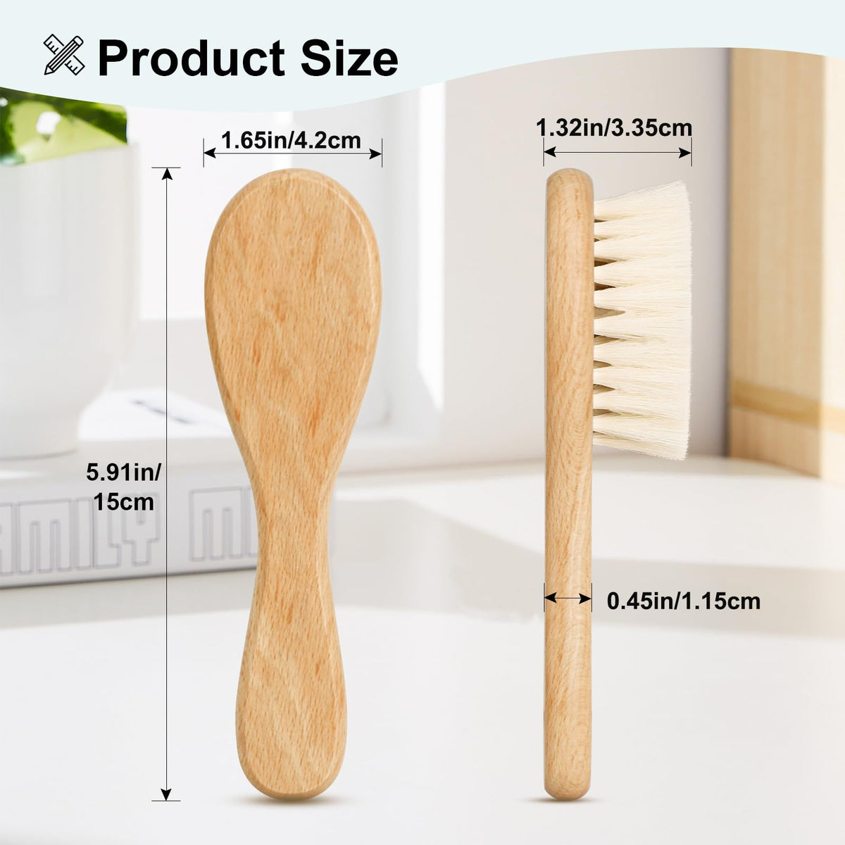 3PCS Baby Hair Brush with Wooden Handle and Comb Set for Newborns & Toddlers | Natural Soft Goat Bristles l Wood Comb l Green Cradle Cap Brush | Ideal for Cradle Cap