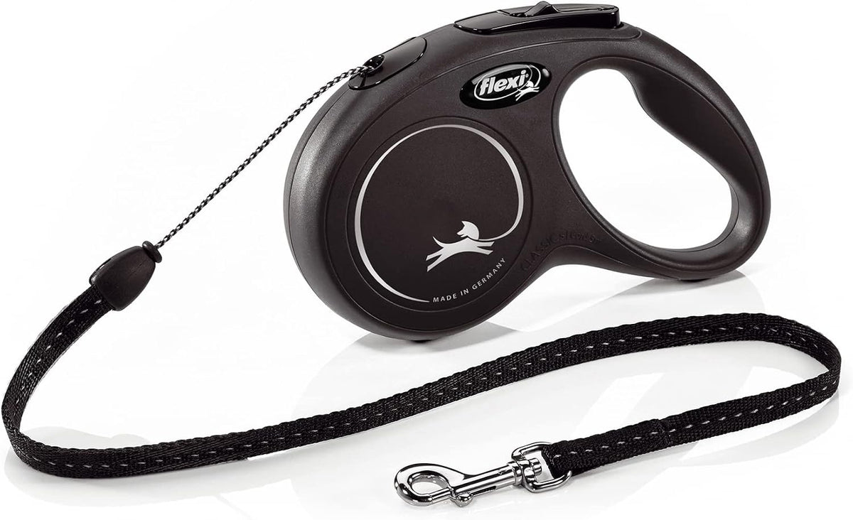 flexi Classic S | 5 m Retractable Cord Leash for Dogs up to 12 kg | Black | Retractable Dog Lead | Weight: 160 g | Dimensions: 9.6 x 16.2 cm