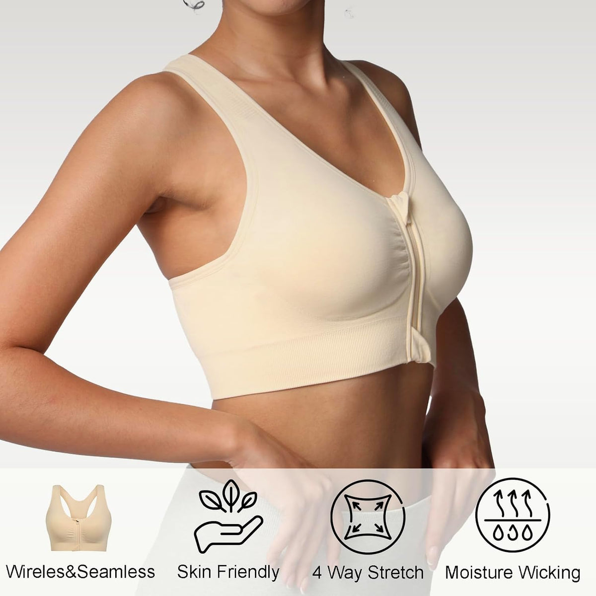 Lemef Front Zipper Sports Bras High Impack Post Op Compression Bras for Women Post Surgery Wireless Racerback Yoga Bra