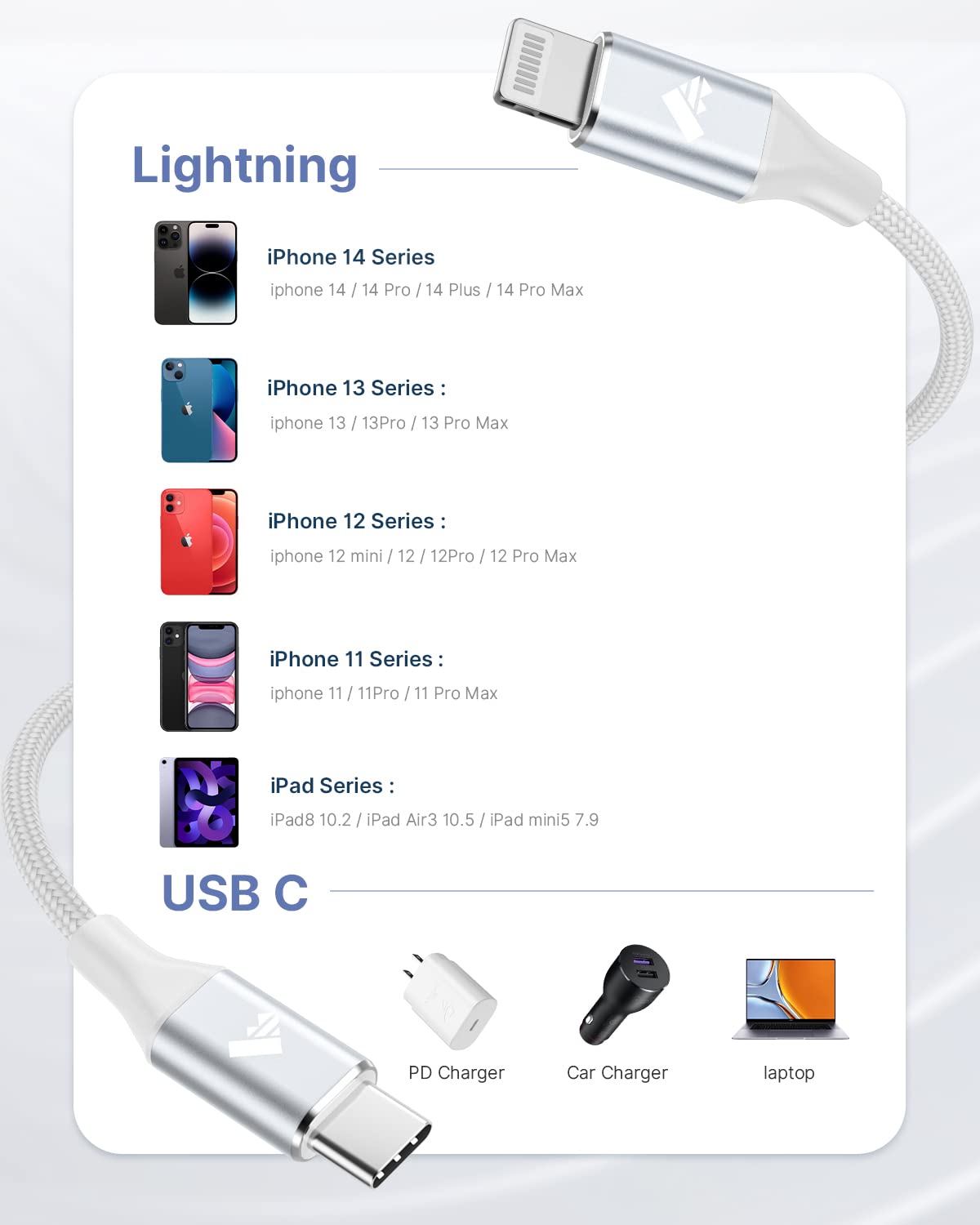 Aioneus USB C to Lightning Cable 2M [Apple MFi Certified] iPhone Fast Charger Cable USB-C Charging Lead Cord for iPhone14/13/12/12 PRO Max/12 Mini/11/11PRO/XS/Max/XR/X/8/8Plus/iPad