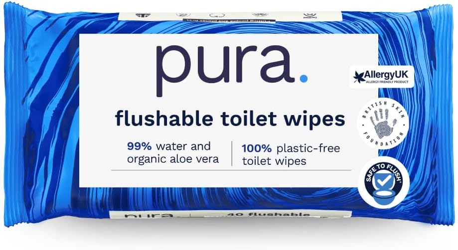 Pura Flushable Moist Toilet Tissue Wipes, 1 Pack of 40 Wet Wipes, 100% Plastic Free, 99% Water Clean Washlets, Certified ‘Fine to Flush’ Biodegradable, Compostable, Vegan, Gentle Clean