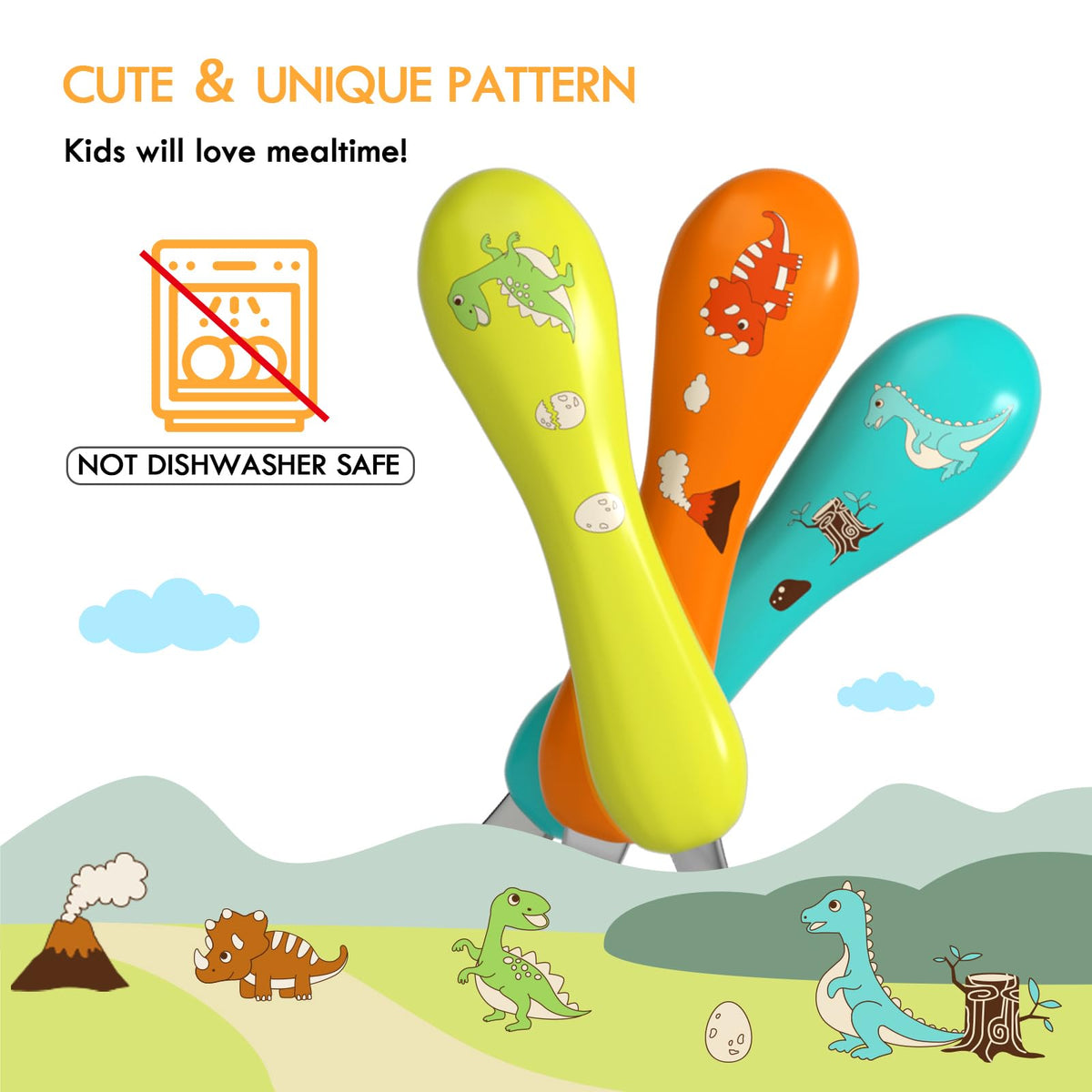 Lehoo Castle Stainless Steel Toddler Cutlery Set, 6-Piece Dinosaur Design