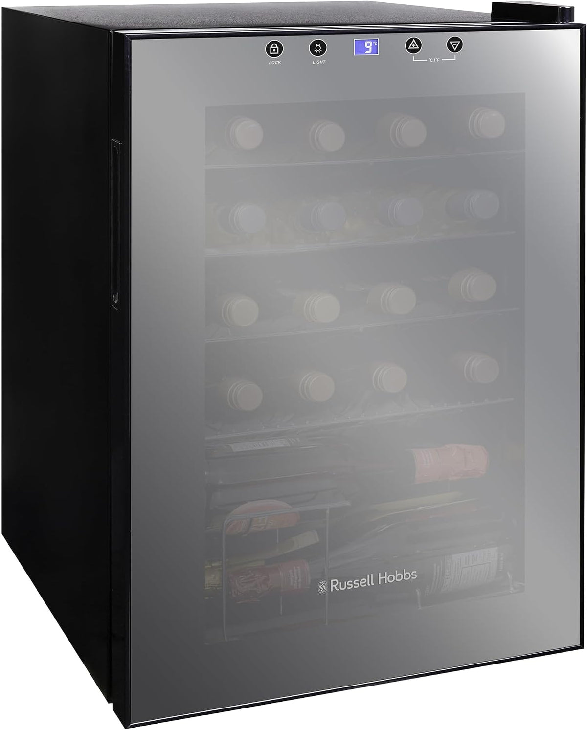 Russell Hobbs 20 Bottle 62L Mirrored Door Wine Cooler Freestanding Beverage Drinks Fridge, LED Light with Touch Control, Digital Display, Adjustable Shelves, Glass Door RH20WC201MR