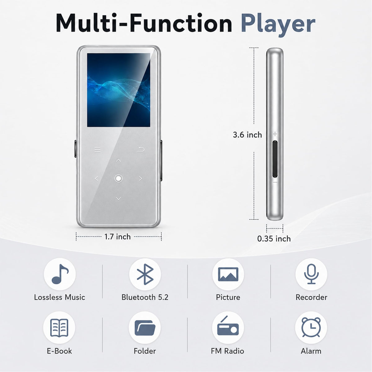 64GB MP3 Player with Bluetooth 5.2, AiMoonsa Music Player with Built-in HD Speaker, FM Radio, Voice Recorder, HiFi Sound, E-Book Function, Earphones Included