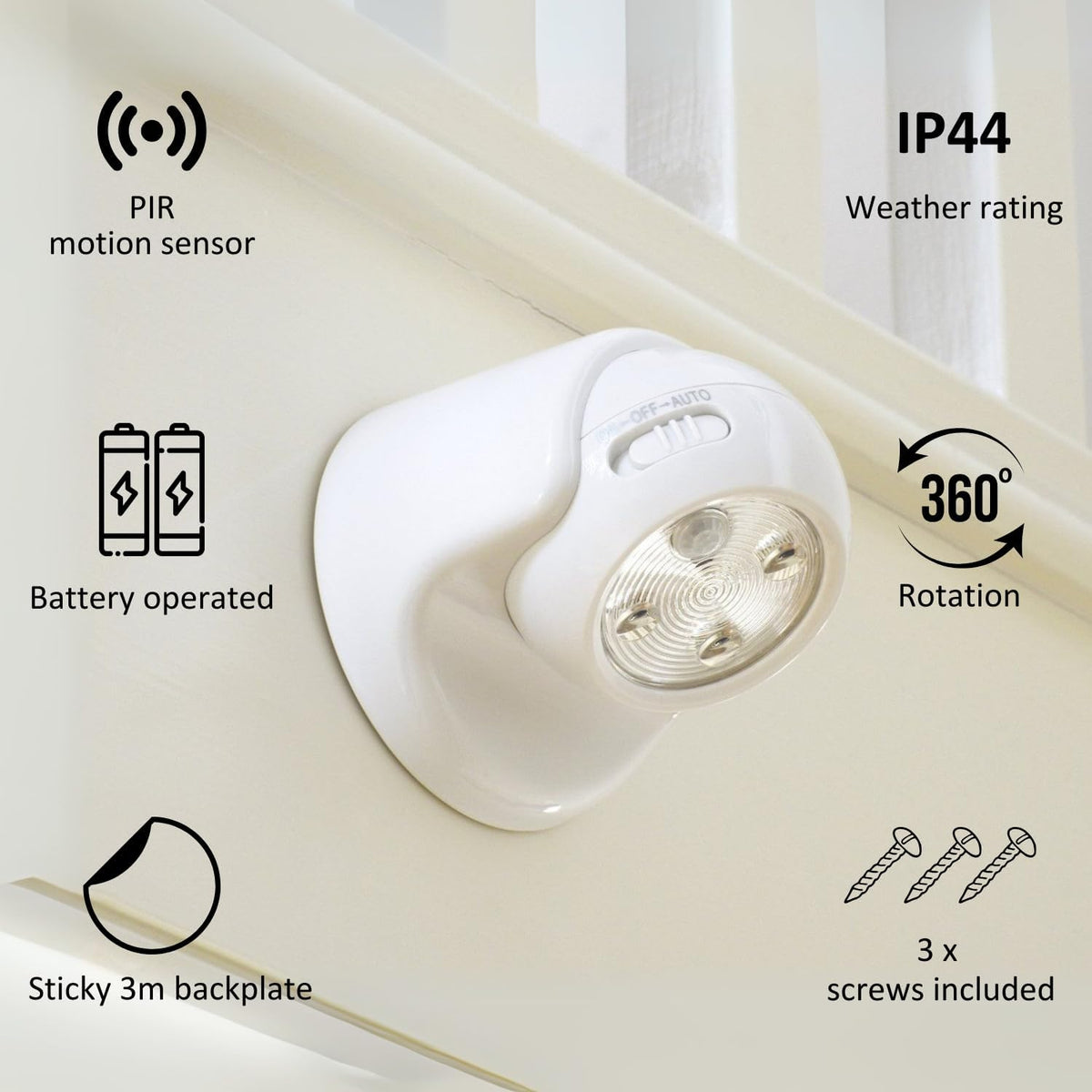 Auraglow Motion Sensor Security Light, Wireless Battery Powered PIR, Black