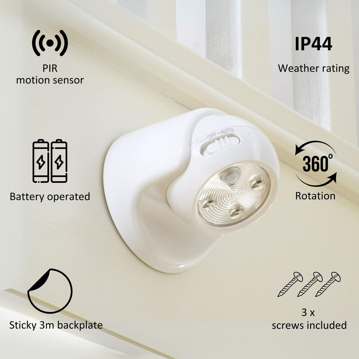 Auraglow Motion Sensor Security Light, Wireless Battery Powered PIR, Black