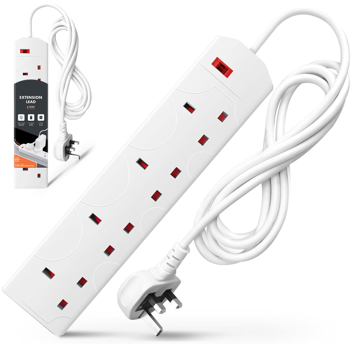 Wolf Power 4 Way Extension Lead, 2 Metre Extension Cable with UK 3 Pin Plug, Multi Socket Power Strip, Wall Mountable, Suitable for Home, Office & Appliances (Black, 1 Pack)